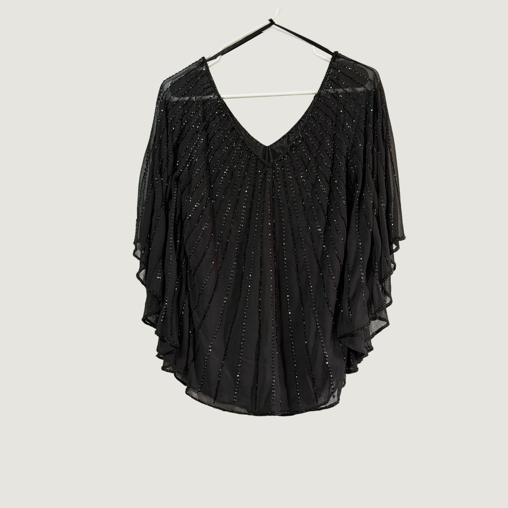 JKara Black Beaded V-Neck Chiffon Cape Sleeve Blouse Evening Top Womens Small